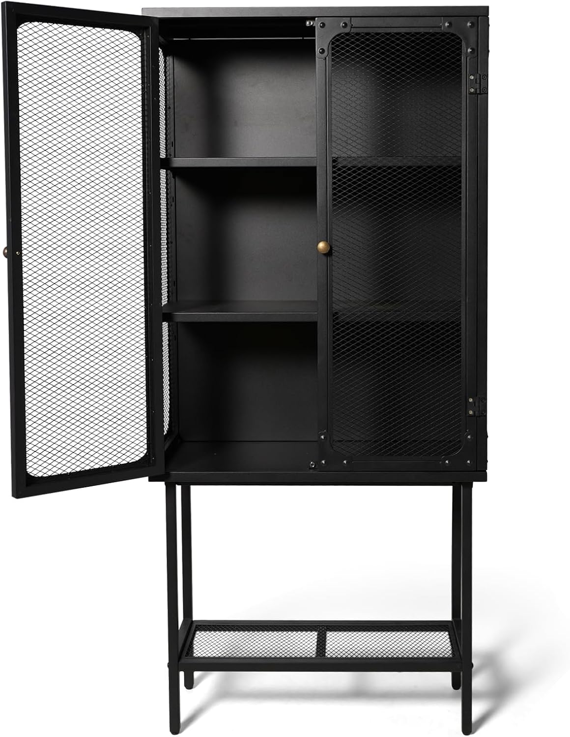 LOKKHAN Industrial Metal Display Cabinet, Black Mesh Door Storage Unit with Retro Handles, 59.1 x 27 x 12.6 Inch Tall Standing Shelving, Magnetic Holders, Adjustable Feet