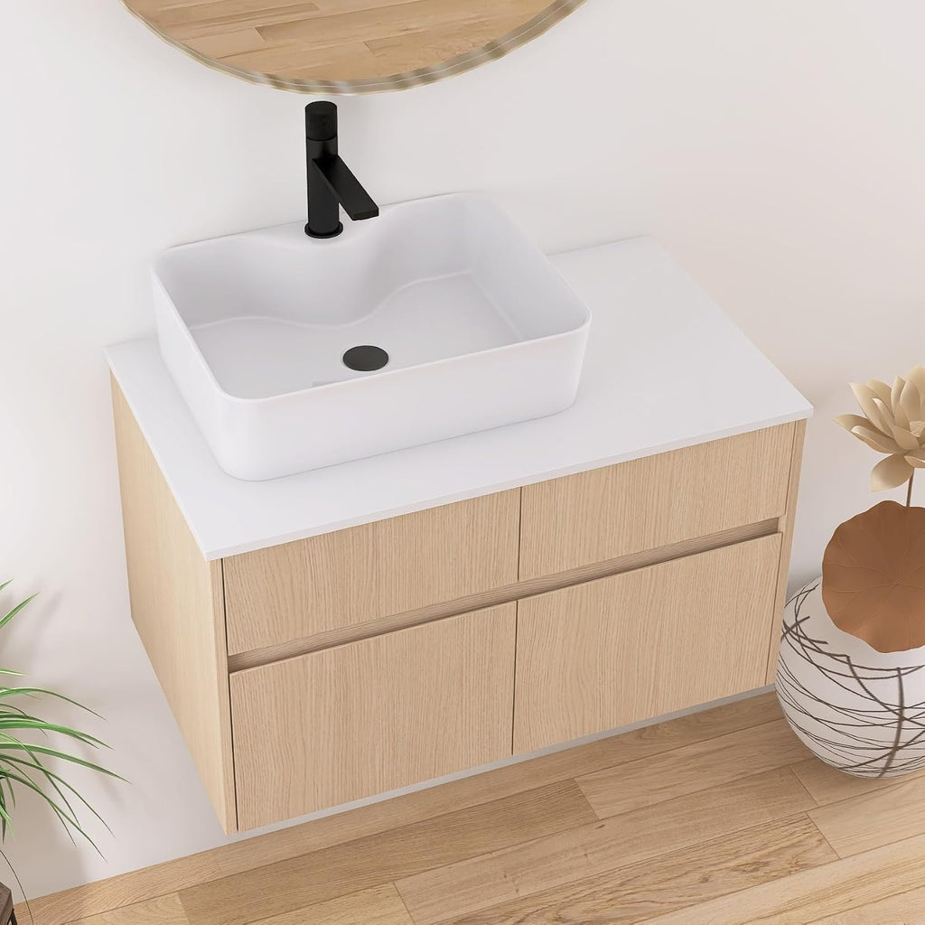 32 Inch Floating Bathroom Vanity with Sink, Modern Wall Mounted Cabinet, Ceramic Vessel Basin, 2 Soft Close Doors and 2 Drawer, White Oak