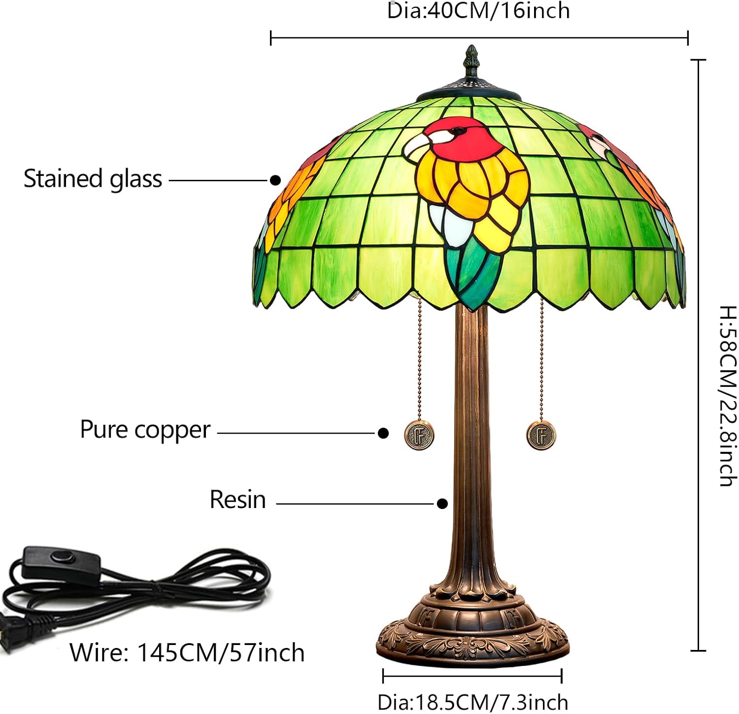 Tiffany Table Lamp Green Stained Glass Parrot Style Bedside Lamp 16X16X23 Inches Desk Decor Light Classic Farmhouse Reading Table Lamps for Home Office