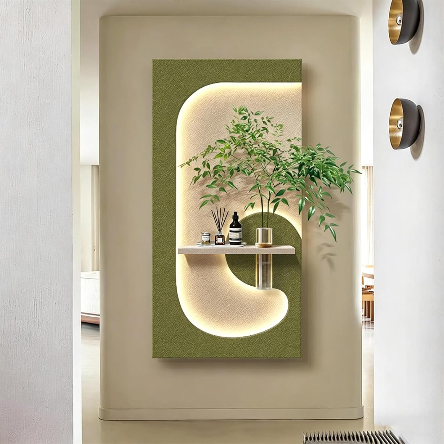 JVQONSD Sandstone Modern Wall Sculpture,3D Art Wall Decor With Led Lights,Neutral Textured Painting Decoration,Wall Hanging Art With A Vase,Plug-In Power Supply For Corridor/Home (Entrance)/Indoor