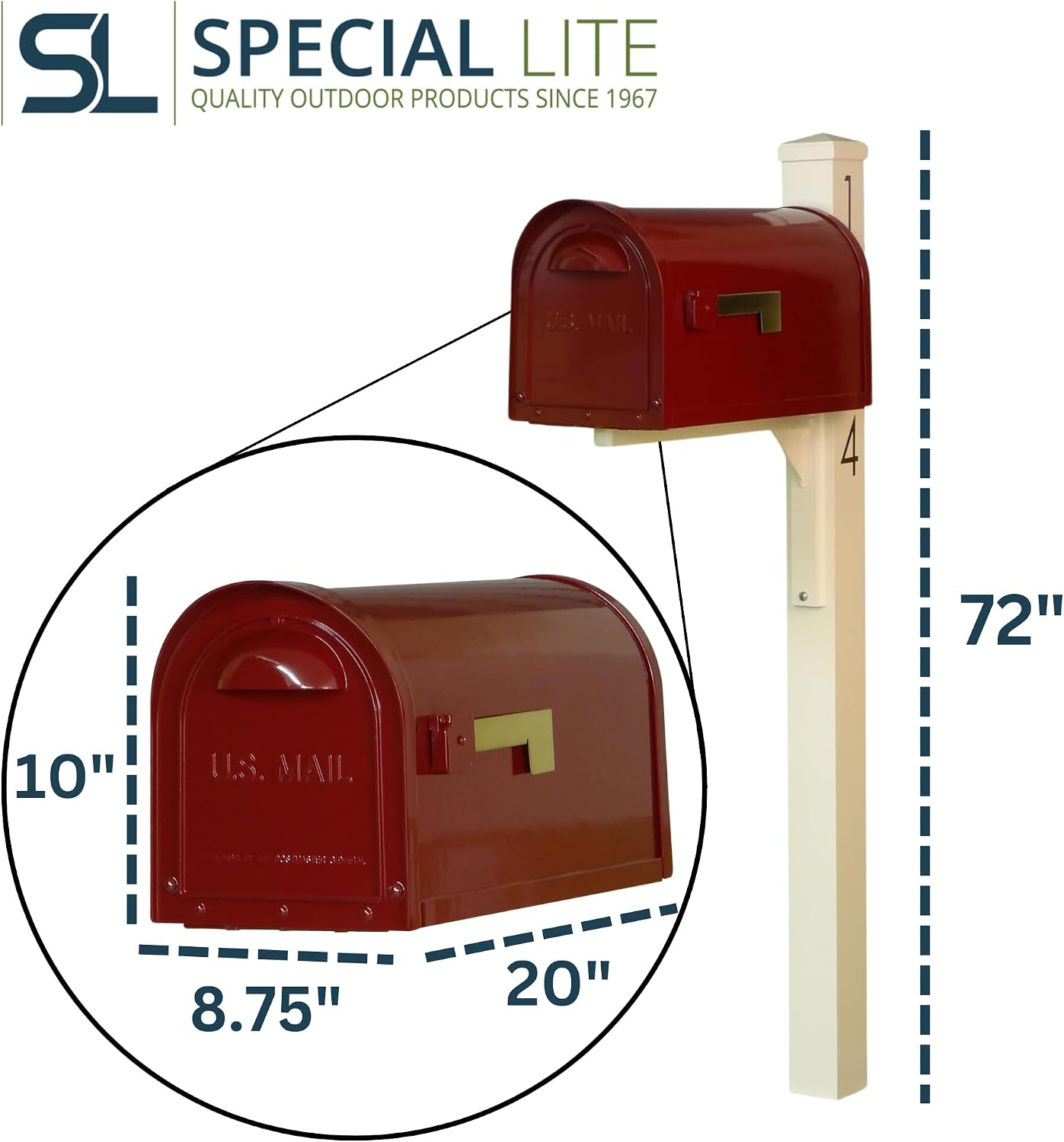 Special Lite Mid Modern Dylan Curbside Mailbox with Wellington Post - Wine Aluminum Mailbox with Post - SCD1008WIN_SPK720IVR_VN