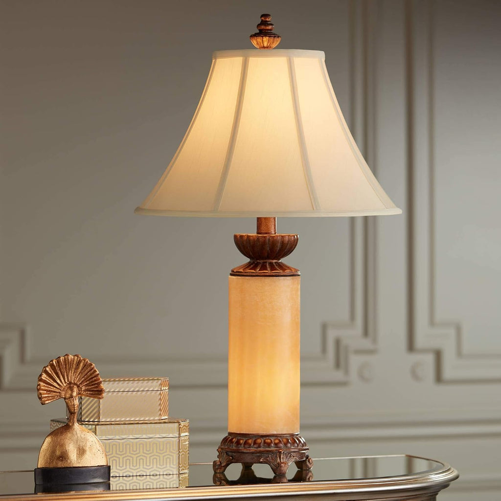 Barnes and Ivy Traditional Asian Table Lamps 28.5' Tall Set of 2 Natural Onyx Stone Dark Bronze Brown Off White Bell Shade Decor for Living Room Bedroom House Bedside Nightstand Home Office