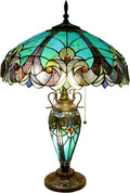 Tiffany Lamp Green Handmade Stained Glass Table Lamp Desk Light 18' Wide 24' Tall Vintage Tiffany Style Table Lamp for Bedroom Living Room Home Office, LED Bulb Included