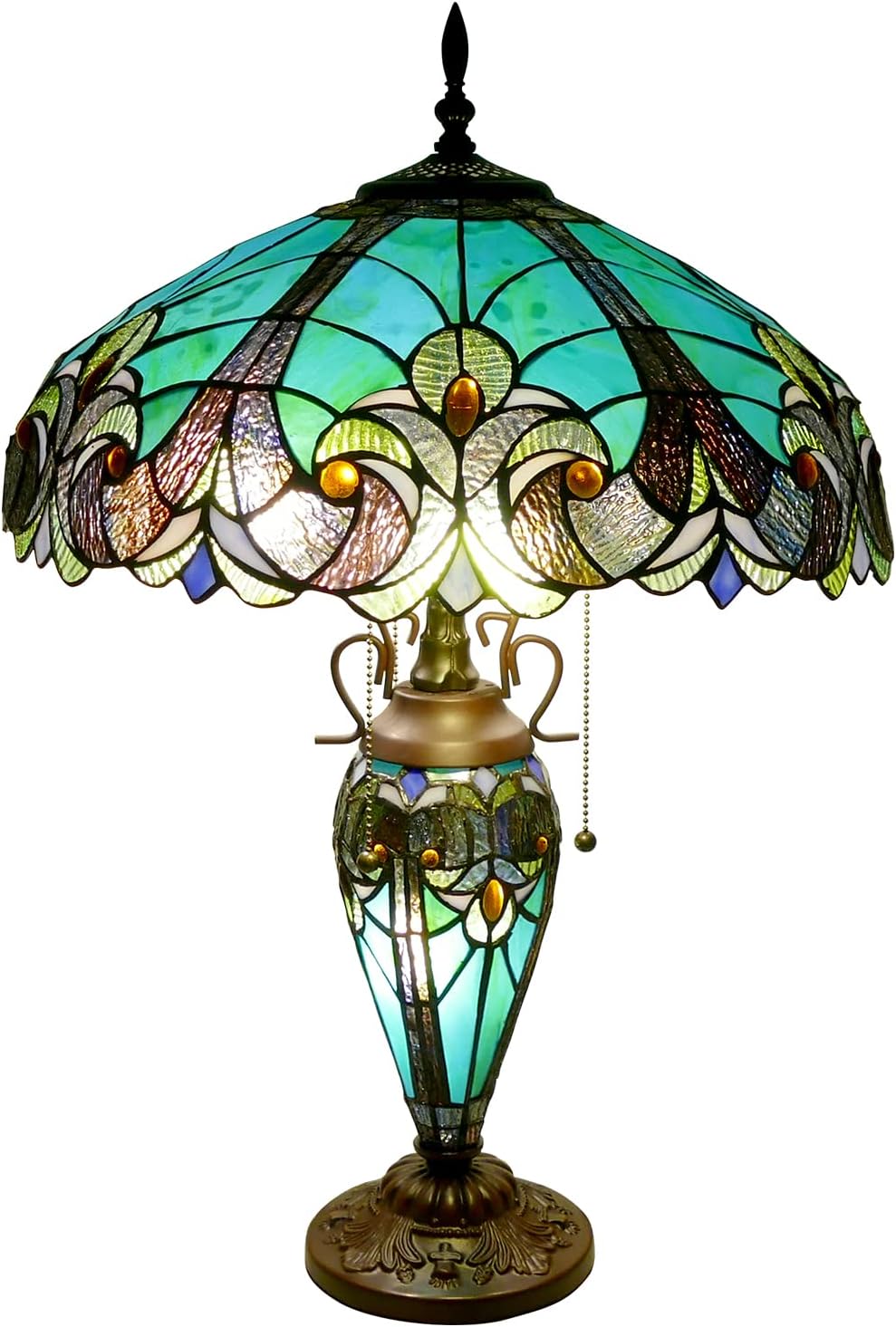 Tiffany Lamp Green Handmade Stained Glass Table Lamp Desk Light 18' Wide 24' Tall Vintage Tiffany Style Table Lamp for Bedroom Living Room Home Office, LED Bulb Included