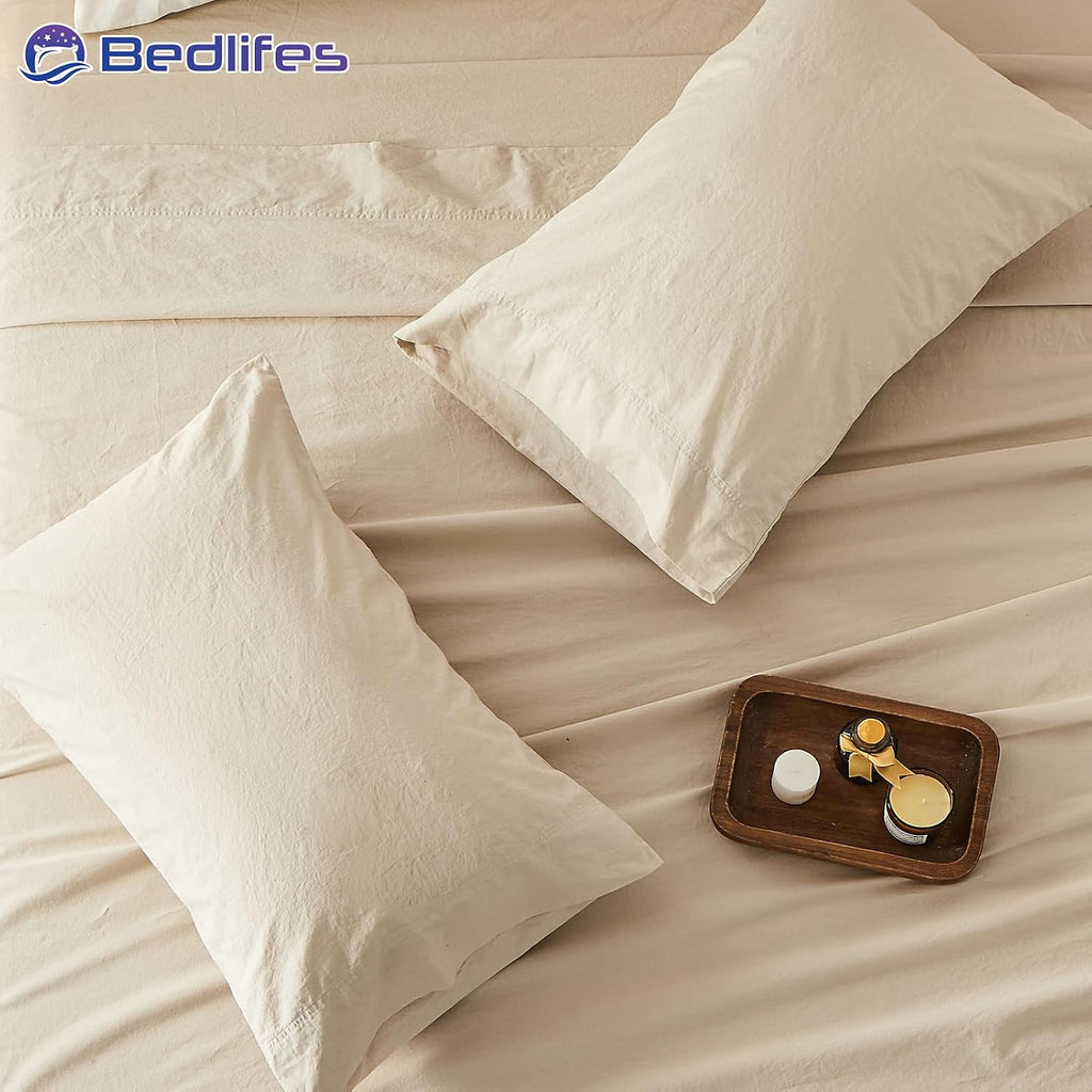 Bedlifes 100% French Pure Linen Sheets California King Size Breathable and Cooling Flax Sheet Set Soft Durable and Moisture Wicking 16 Inch Deep Pocket-4 Piece(Cal King,Linen)