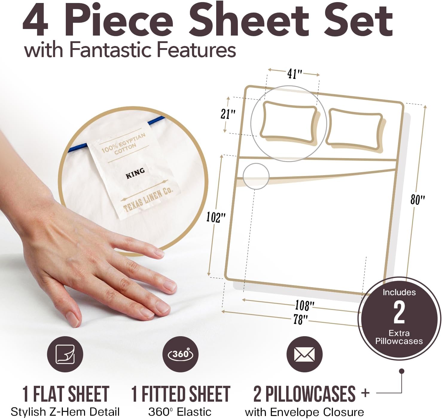 TEXAS LINEN CO. 100% Egyptian Cotton Sheets King Size - Snoozin' Supreme Collection 2000 Series Luxury King Bed Sheet Set, Cooling Sateen Weave, 17' Extra Deep Pocket Hotel Sheets (4 Pc, White)