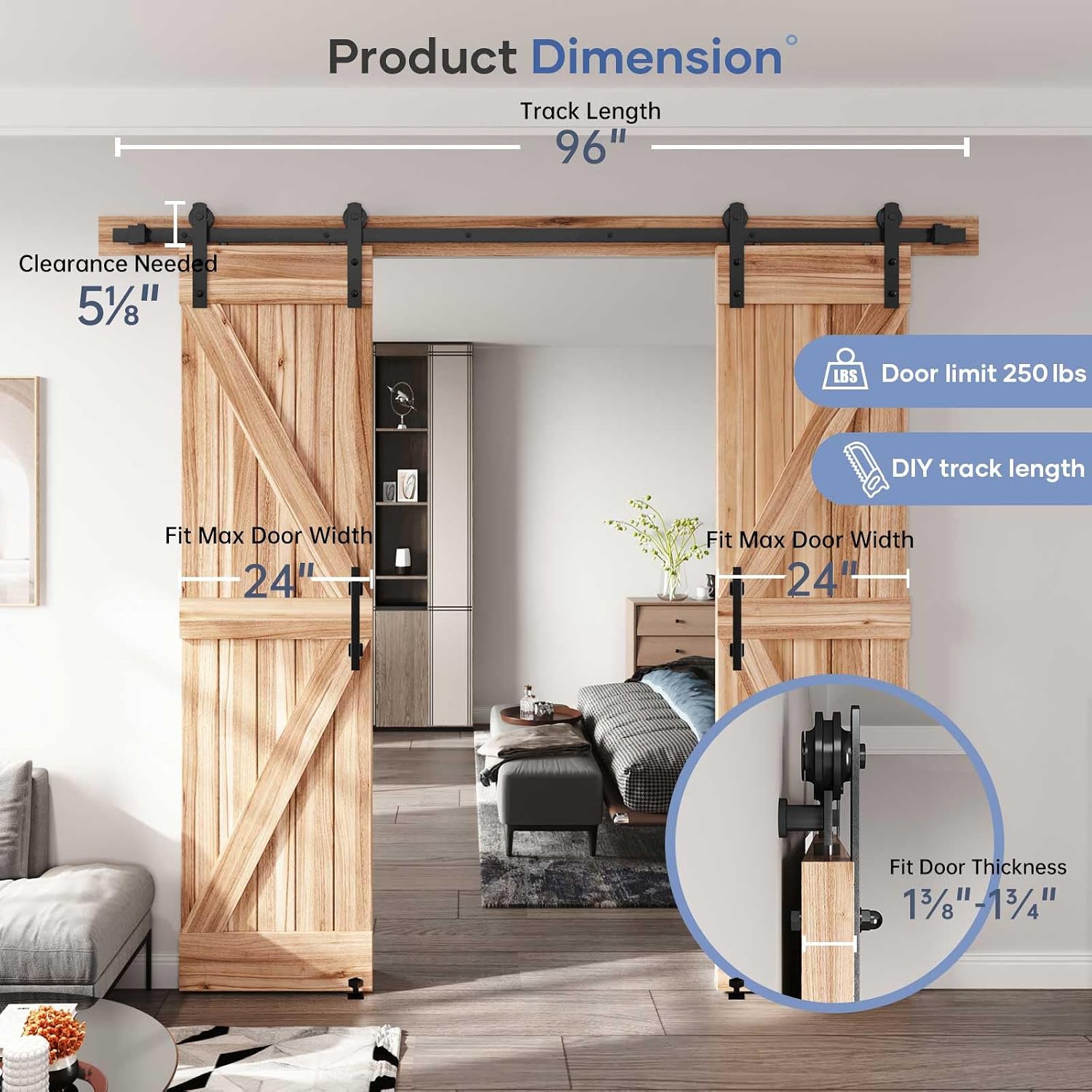 EaseLife 8 FT Double Sliding Barn Door Track and Handle Hardware Kit,Straight Pulley,Slide Smoothly Quietly,Easy Install (8FT Track Kit for 20'~24' Wide Double Door)