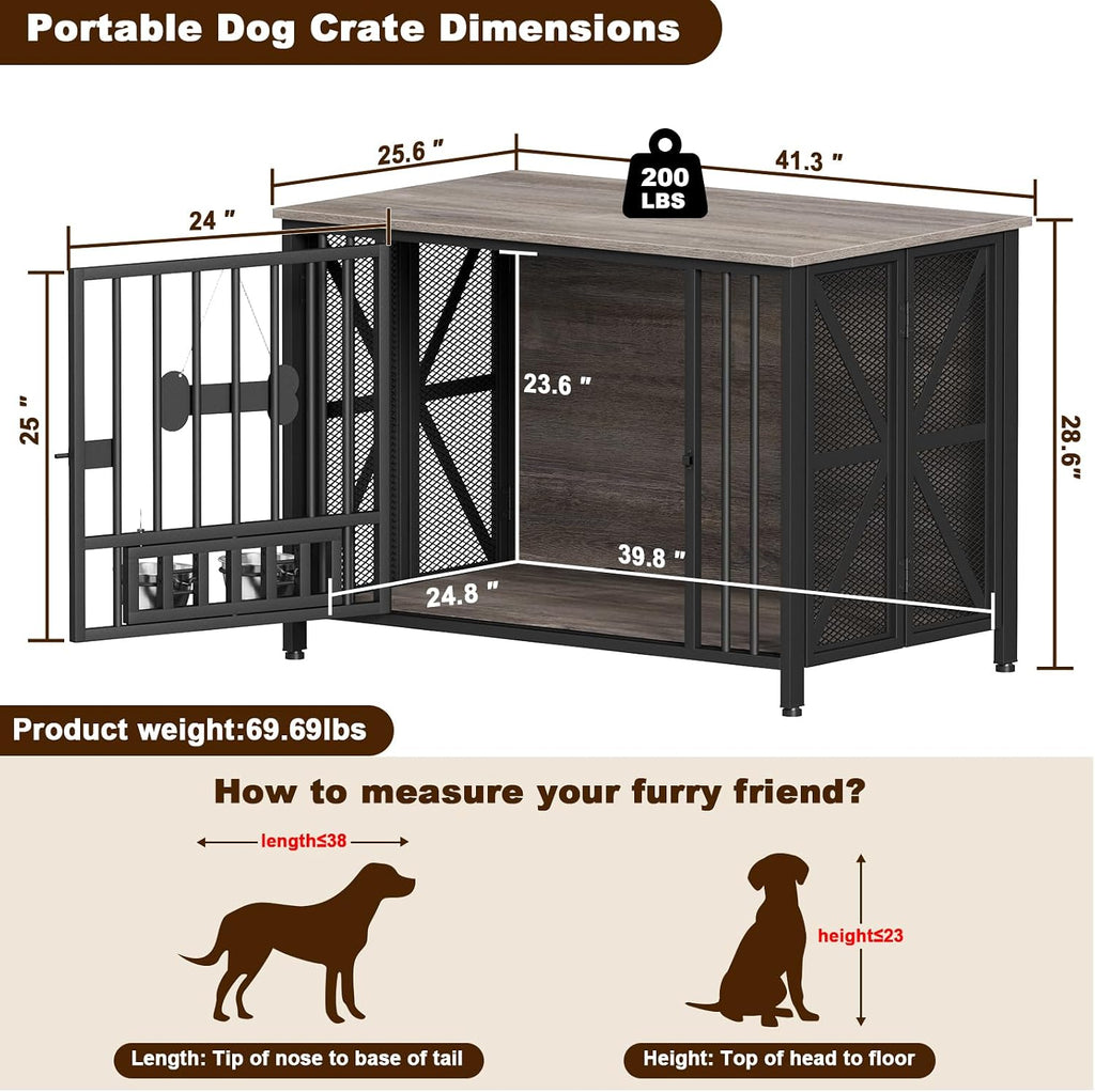 EasyCom Foldable Dog Crate Furniture, 41.3' Dog Crates for Medium/Large Dogs, Wooden Dog Kennel Indoor with Tag & Adjustable Bowls, Dog Cage Use as End Table/TV Stand, Oak Grey