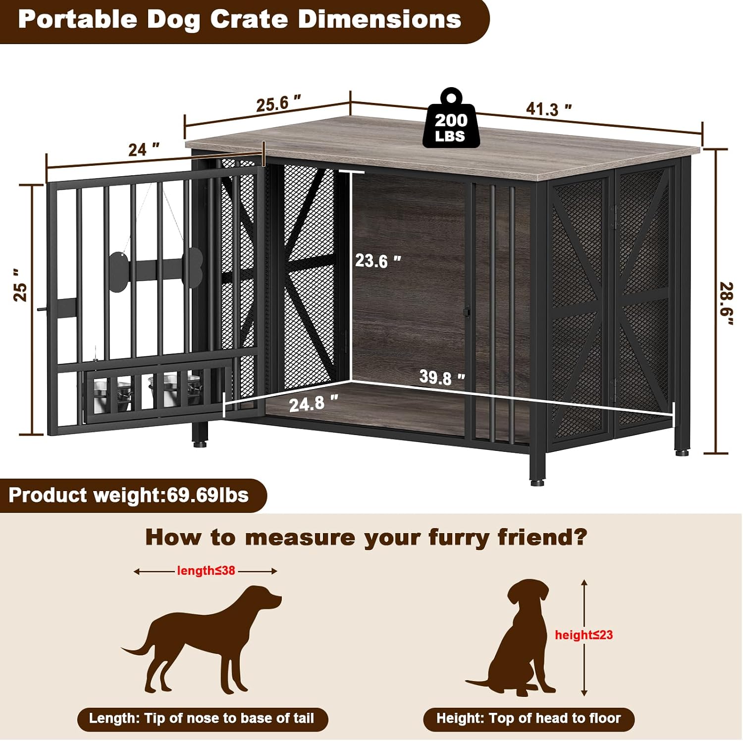 EasyCom Foldable Dog Crate Furniture, 41.3' Dog Crates for Medium/Large Dogs, Wooden Dog Kennel Indoor with Tag & Adjustable Bowls, Dog Cage Use as End Table/TV Stand, Oak Grey