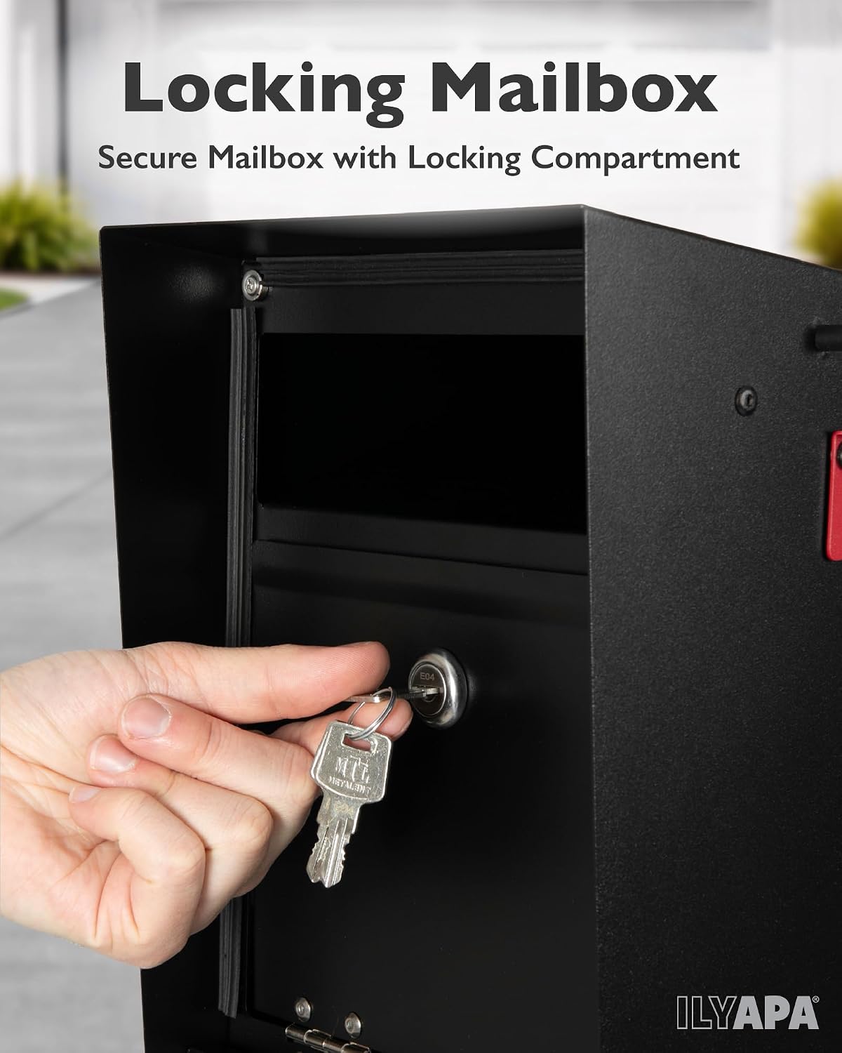 Ilyapa Locking Mailbox & Heavy-Duty 43' Metal Post Bundle: Secure Modern Black Steel Curbside Mail Box, All-Weather w/Universal Mounting Sleeve