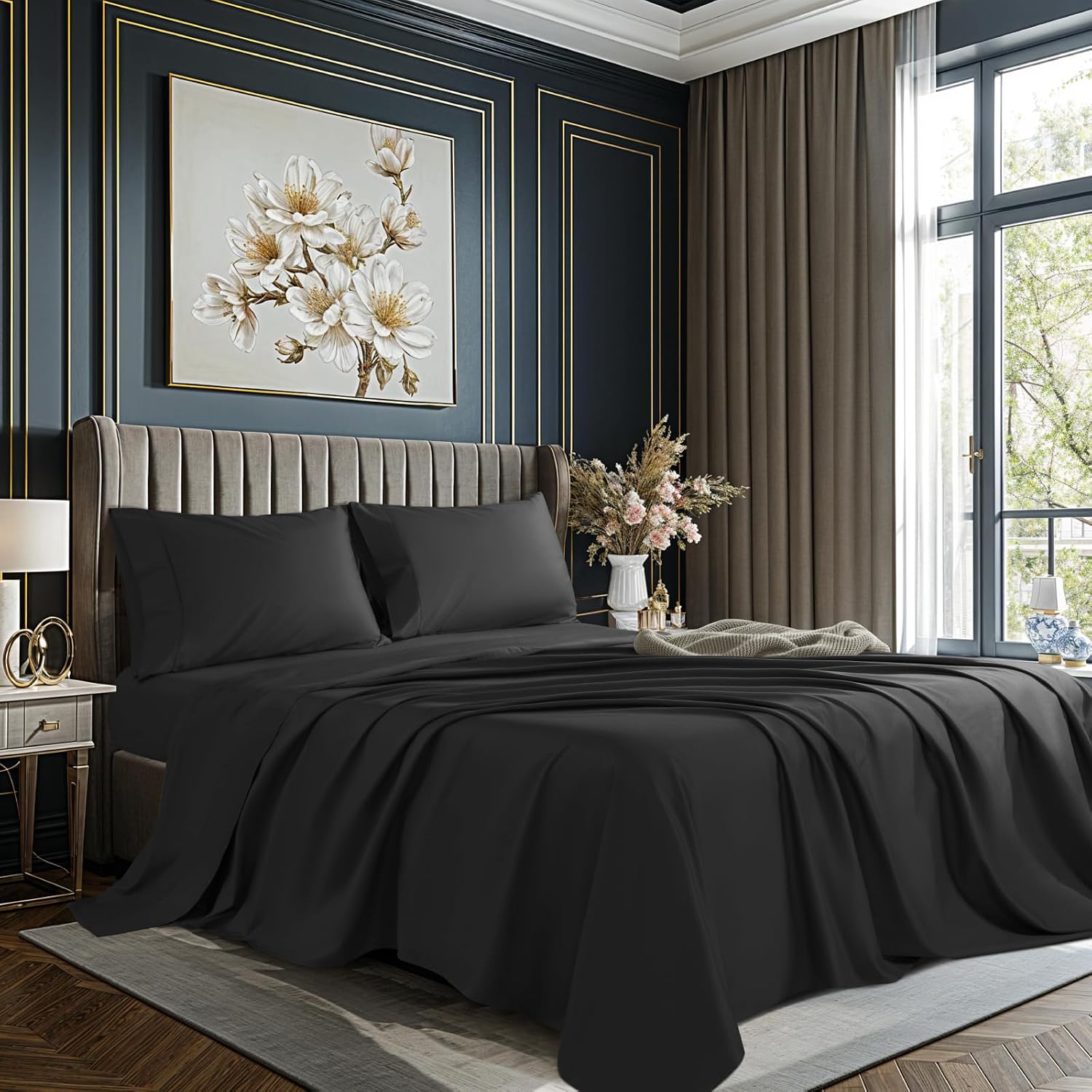 100% Cotton Sheet Set 4 Pcs Clifornia King Size Egyptian Cotton Sheets 1000 Thread Count Soft Breathable Sheet Set with 16' Deep Pocket Fitted Sheet (California King, Black)