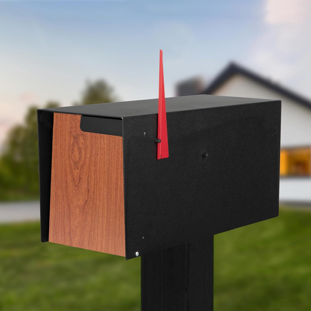 Ilyapa Modern Mailbox Post Mount - 21x8x10 Inch Black Modern Mailboxes for Outside - Heavy Duty Metal Mail Box with Printed Redwood Grain Trim