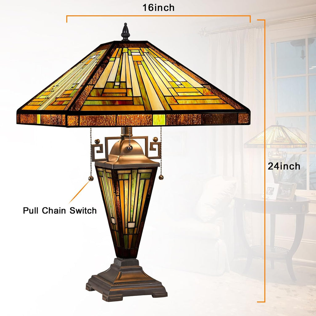 Capulina Tiffany Lamp Stained Glass Table Lamp 16X16X24 Inches Mother-Daughter Vase Amber Brown Mission Tiffany Style Desk Reading Lamp for Living Room Bedroom Study Home Office