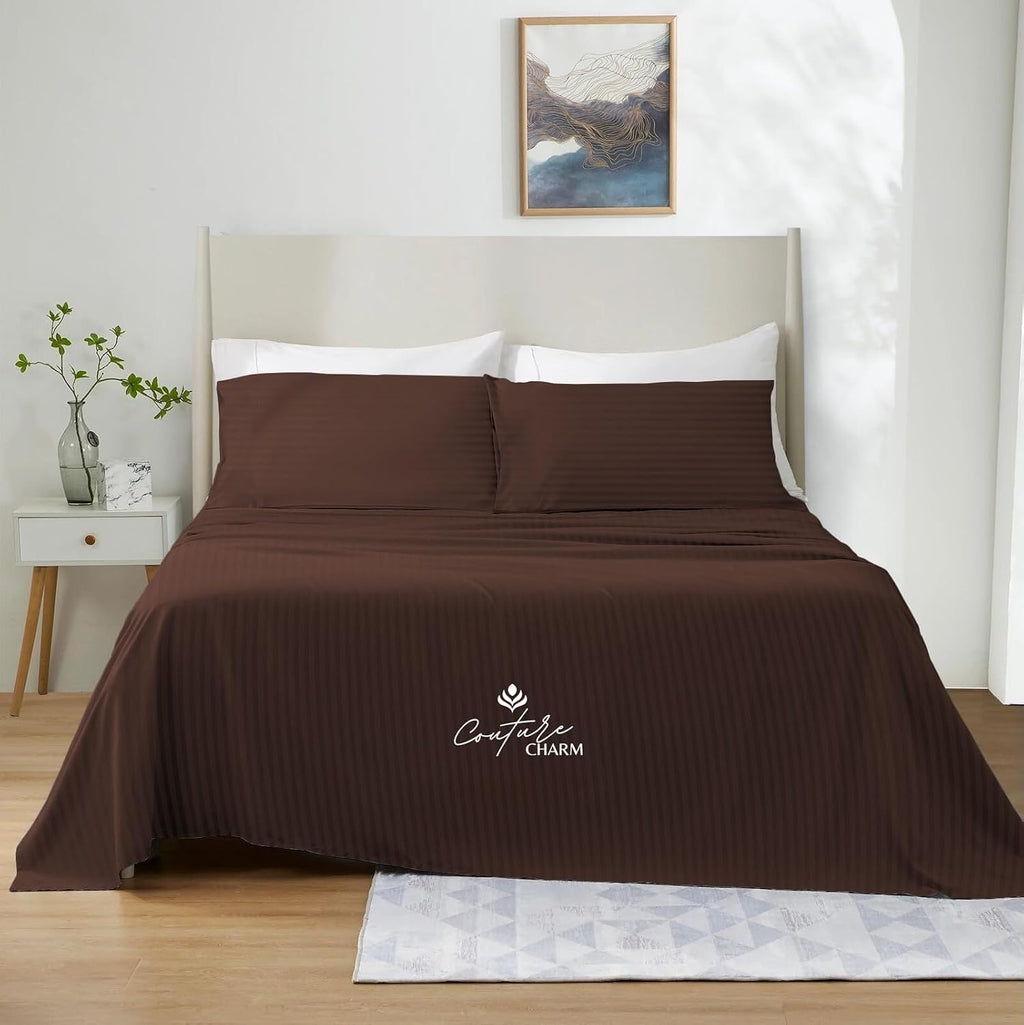 Queen Size 1000 Thread Count 100% Egyptian Cotton Sheet Set, 4-Piece, Sateen Weave, with 10-12' Deep Pocket Snug Fit (Stripe, Chocolate)