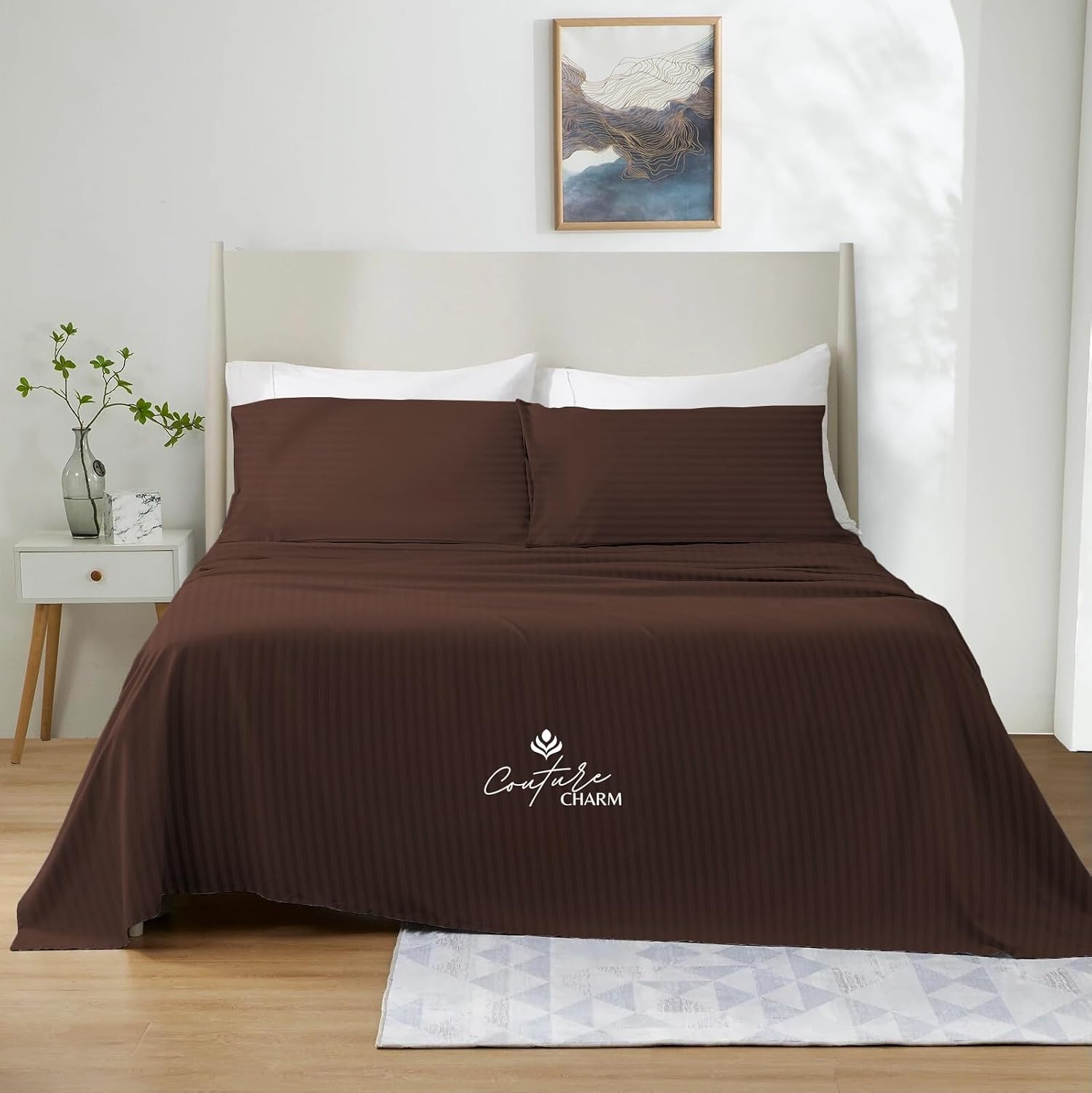 Queen Size 1000 Thread Count 100% Egyptian Cotton Sheet Set, 4-Piece, Sateen Weave, with 10-12' Deep Pocket Snug Fit (Stripe, Chocolate)