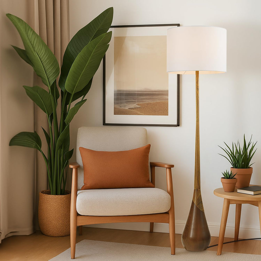 Globe Electric Novogratz x Globe Harrington 65' Floor Lamp, 2-Tone Faux Wood Base, White Fabric Shade, Socket Rotary Switch 67225