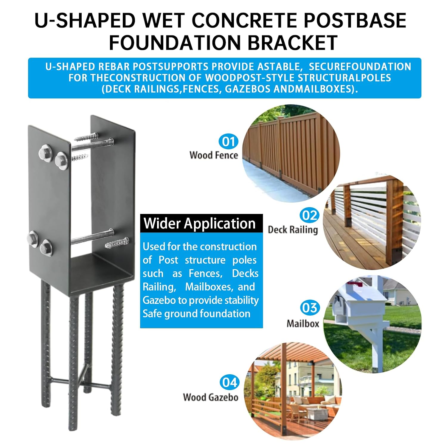 [Pack of 4] 4'x4' Heavy Duty Post Base for Concrete (Actual 3.5'x3.5'),Stainless Steels U-Shape Post Holder,Wet Concrete Foundation Post Base ,for Deck Railing,Fences,mailboxes,Pergola.