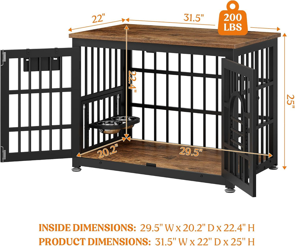 Lulive Dog Crate Furniture 31.5' Wooden Dog Kennel Table with Bowls Heavy Duty Dog Crates for Small/Medium/Large Dogs, Dog Kennel Furniture Indoor as TV Stand End Table,Brown
