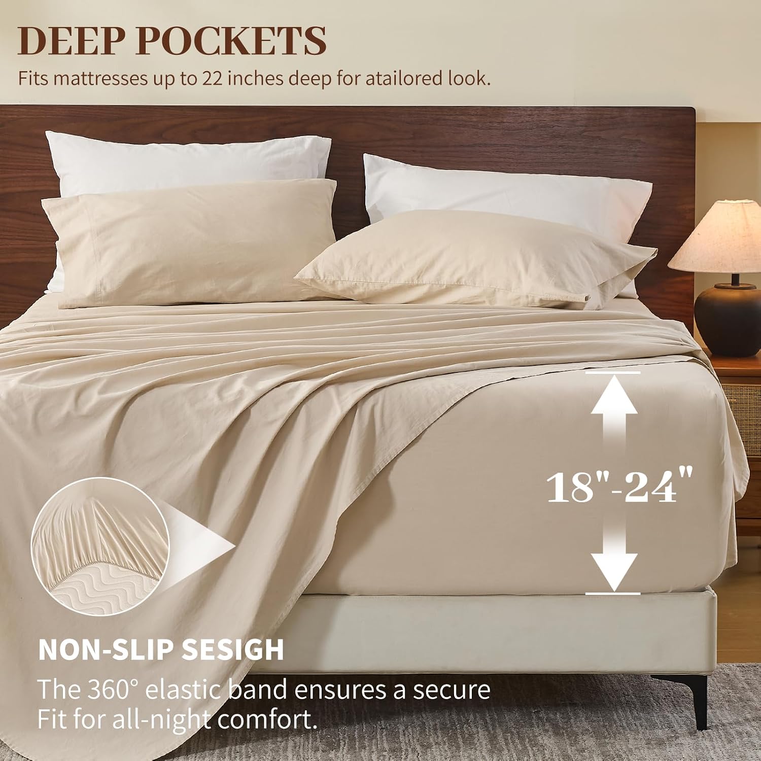 MEISHANG 100% French Pure Linen Sheets California King Size - 6 PC Extra Deep Pocket Sheet Set, Soft Durable Flax Linen, Anti-Tear Breathable & Oeko-Tex Certified 18-24 Deep Pocket,All Season(Linen)