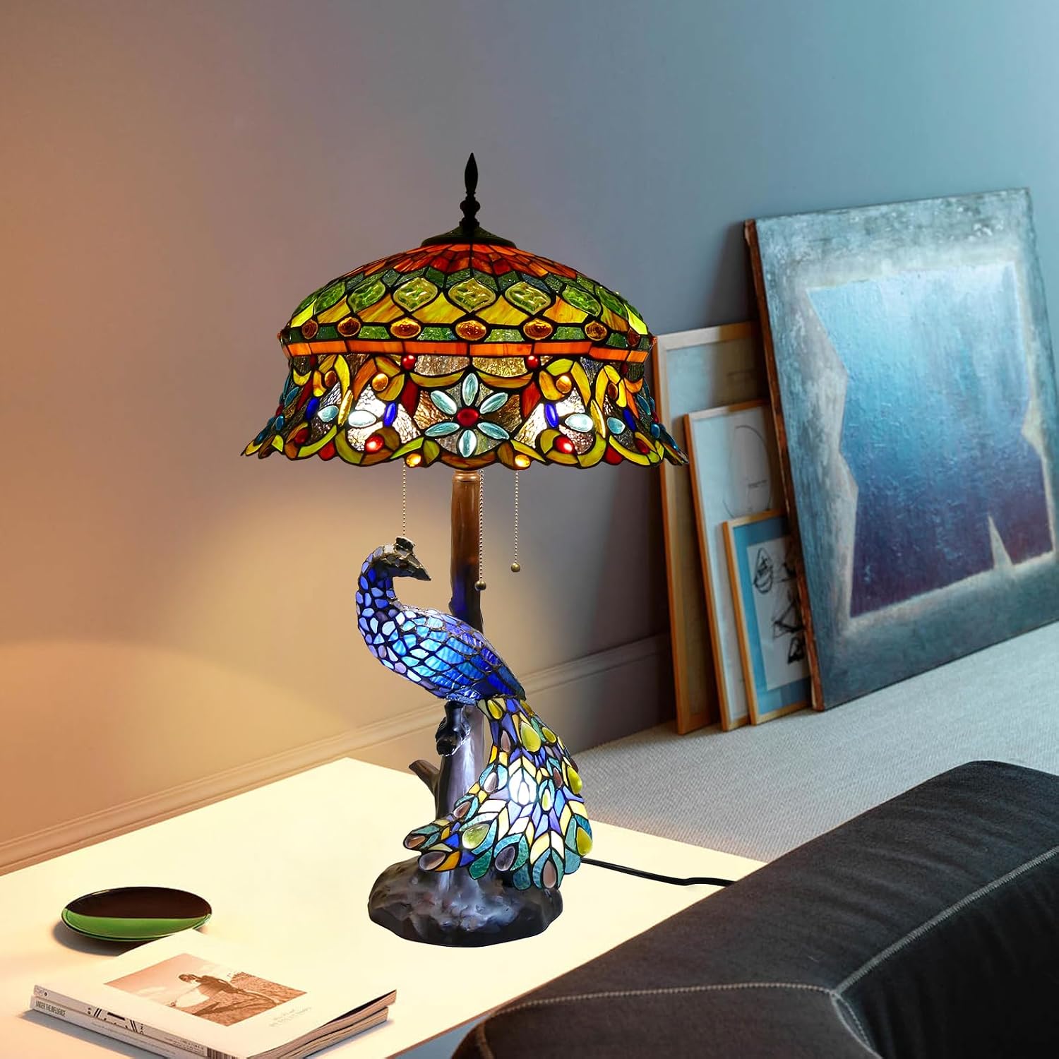 Tiffany Style Table Lamp Peacock Flower Style Handmade Stained Glass Lamp 18 Inch Wide 31 Inch Tall Vintage Desk Light Large Table Lamp for Bedroom Living Room Home Office Decoration
