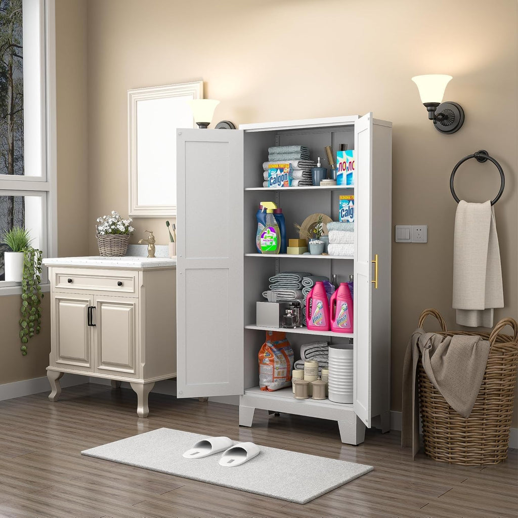 erosoei 61.02'H Pantry Storage Cabinet, Kitchen Storage Cabinets with Adjustable Feet and Shelves, Metal Pantry Cabinet for Kitchen, Living Room, Laundry Room and Dinning Room (2door-White)