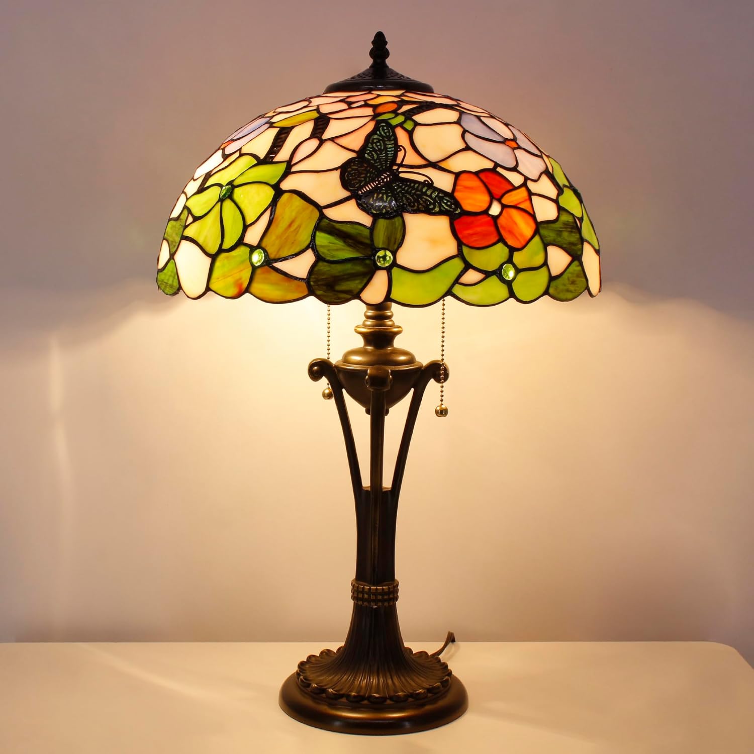 Tiffany Table Lamp Butterfly Flower Stained Glass Desk Lamp 16X16X24 Inches Reading Light