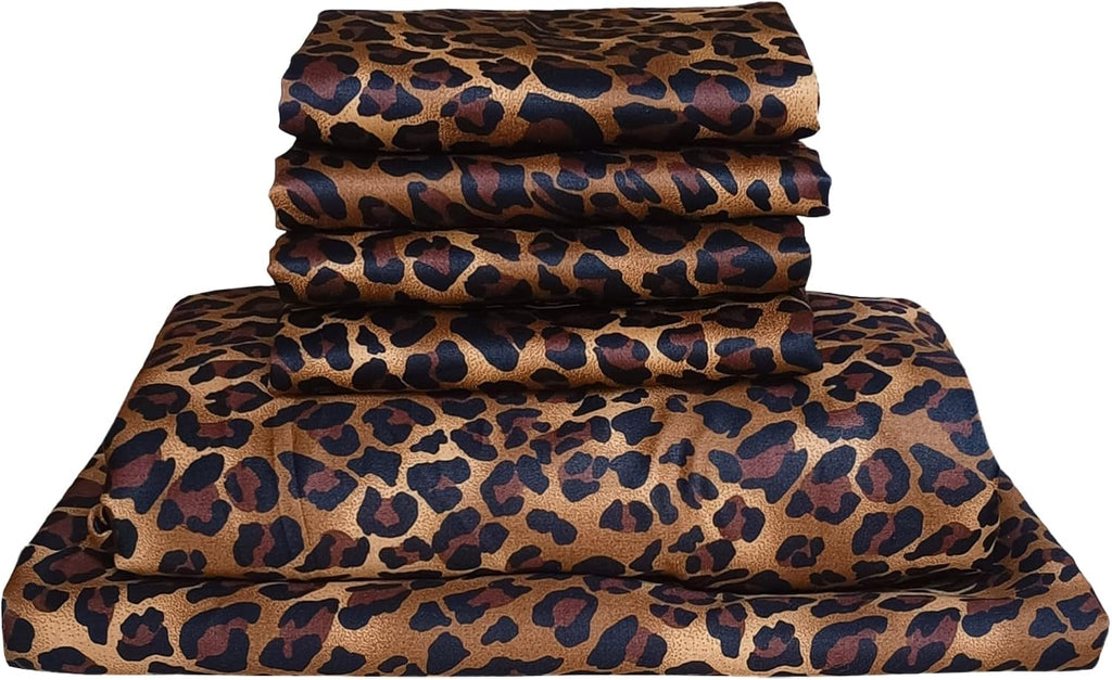 100% Egyptian Long Staple Cotton Bedsheet Set, 800 Thread Count, 6-PC Sheets Set, Leopard Print Color, Queen Size, 15 Inch Deep Pocket of Fitted Sheet, Soft Sateen Weave Breathable