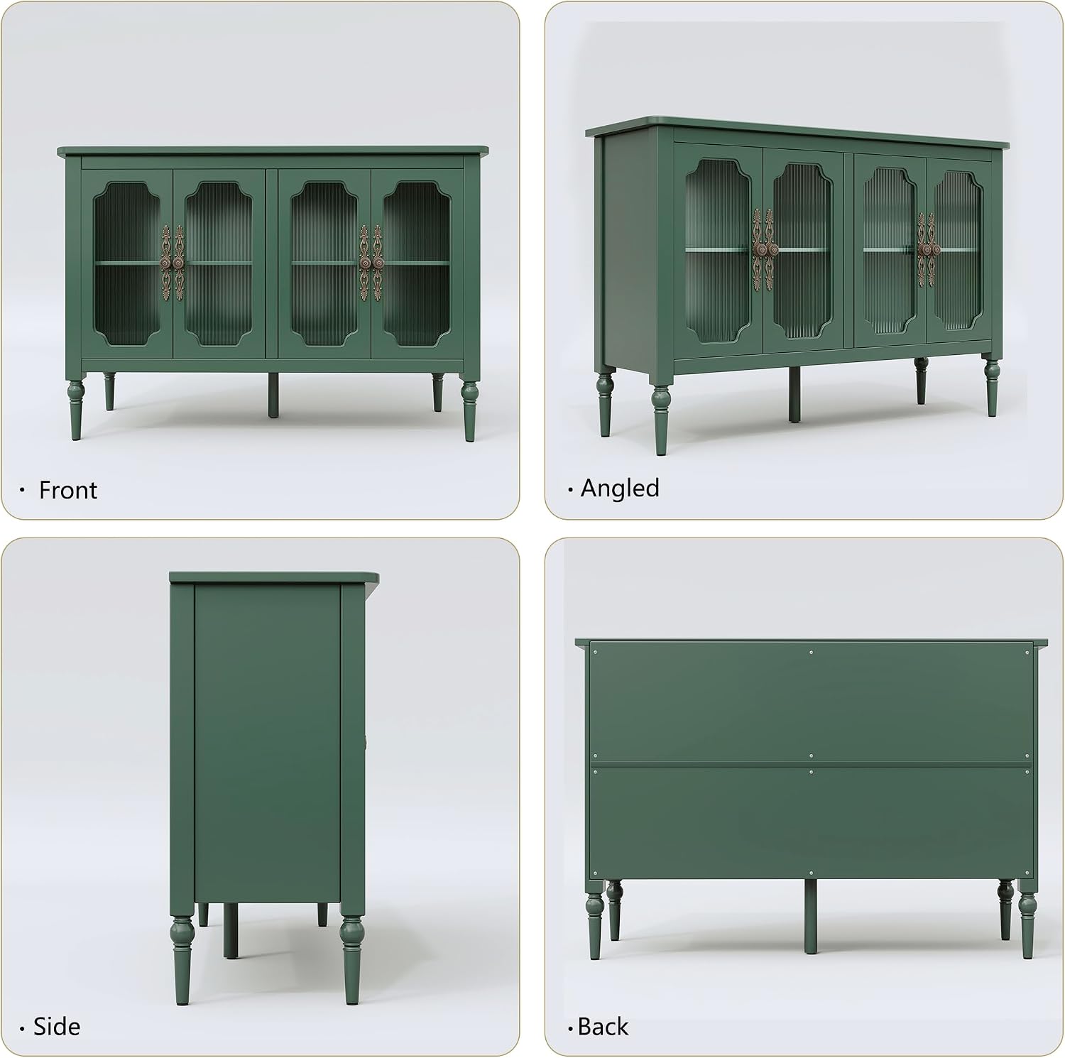 Vintage Buffet Sideboard with 4 Glass Doors, 48' Mid Century Style Storage Cabinet with Shelves, Deractive Crezada, Green Accent Cabinet for Living Room, Kitchen