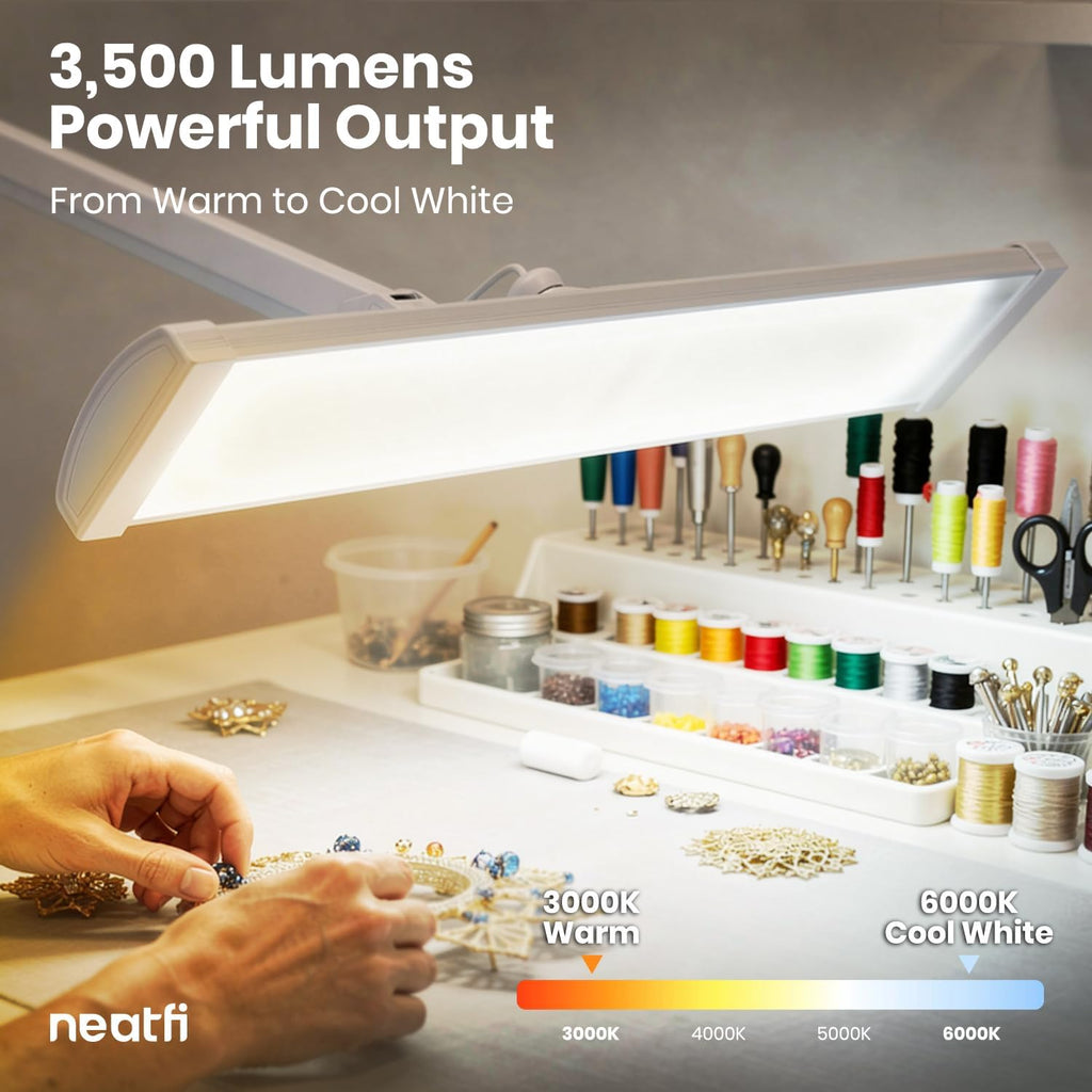 Neatfi 3,500 Lumens LED Desk Lamp with Base – 45W Dimmable | CCT - Adjustable Color Temperature | 3 Light Modes | 540 SMD LEDs | Reading, Craft, Workbench & Office (White-4, 26-Inch Wide Shade)