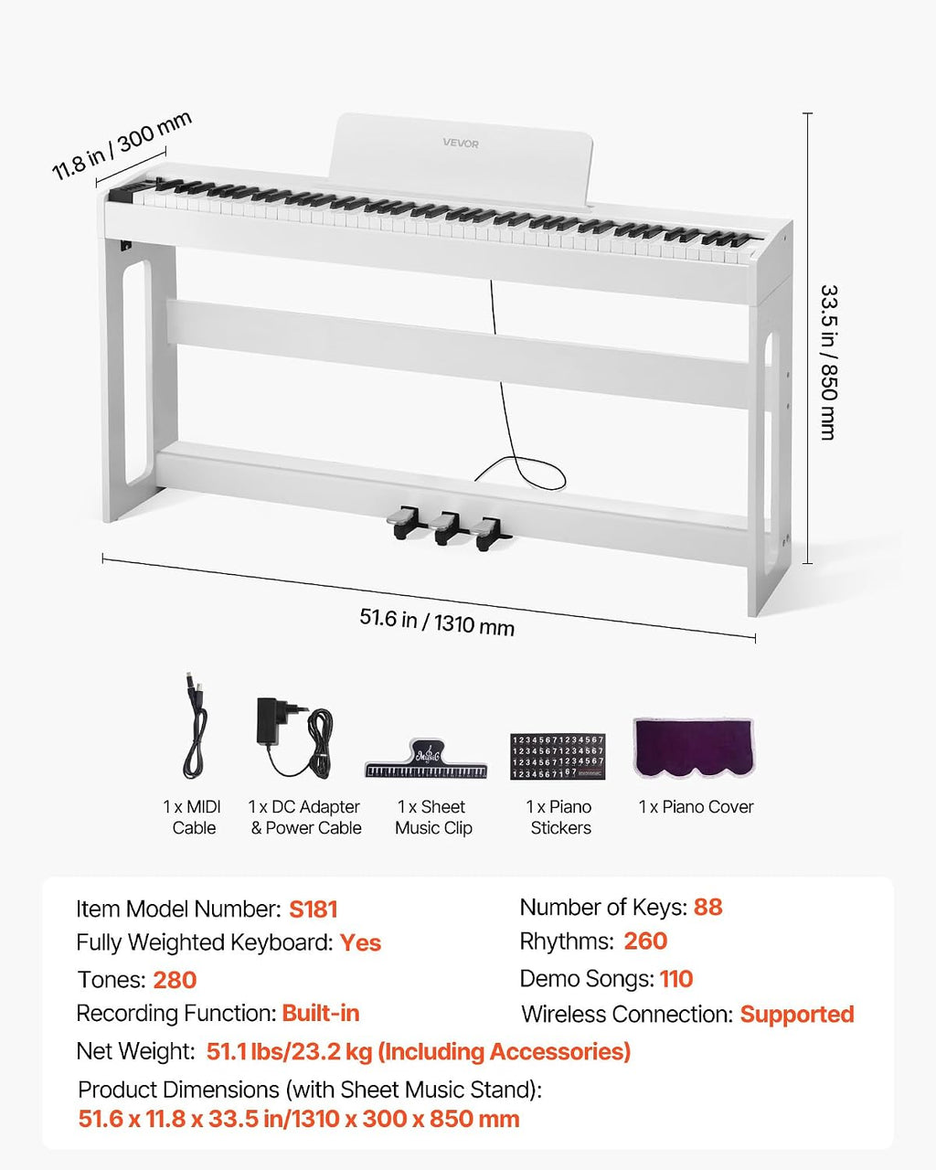 VEVOR Weighted Digital Piano, 88 Keys Fully Weighted, Electric Piano Keyboard with Furniture Stand, Power Adapter, Triple Pedal, Record Function, 280 Tones, Wireless Connection, for Beginners, White