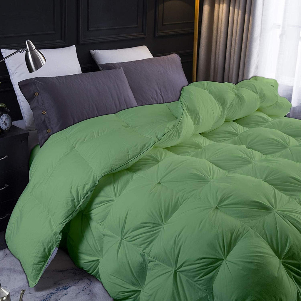 Moss All Season Down Pin-Tuck Comforter- Oversized Queen Size 98 x 98 Inches 1 pc Pinch Pleated Comforter 600 GSM & 4-Corner Tab's 100% Egyptian Cotton- Moss Solid
