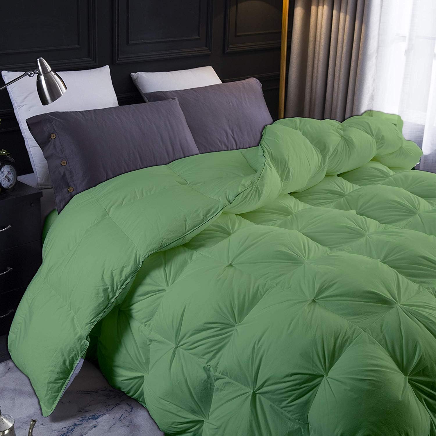 Moss All Season Down Pin-Tuck Comforter- Oversized Queen Size 98 x 98 Inches 1 pc Pinch Pleated Comforter 600 GSM & 4-Corner Tab's 100% Egyptian Cotton- Moss Solid