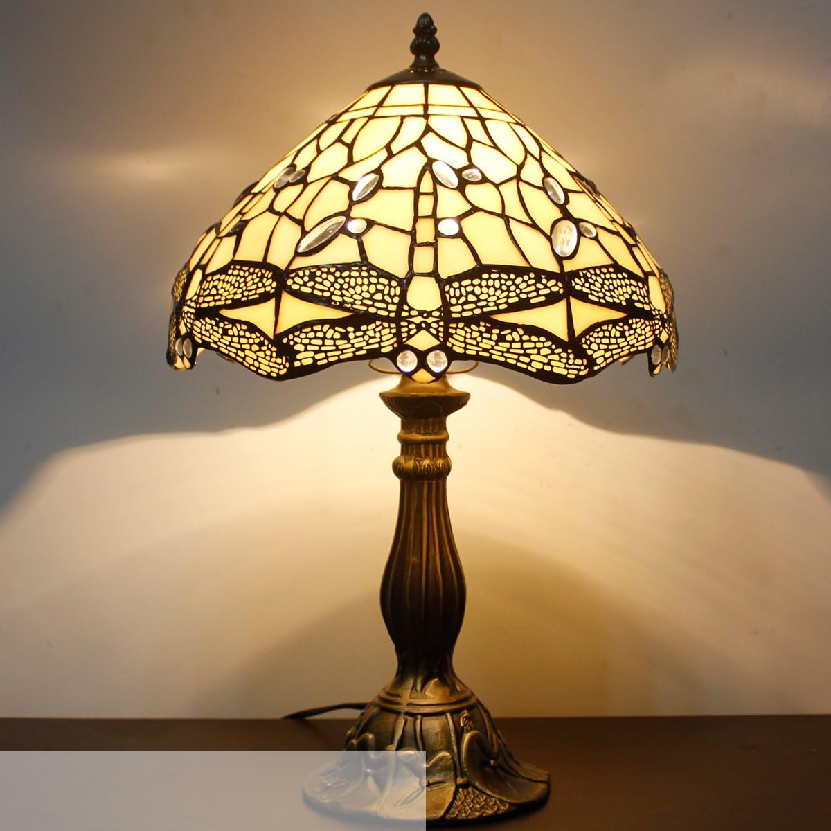 WERFACTORY Tiffany Lamp Cream Stained Glass Dragonfly Bedside Table Lamp Desk Reading Light 12X12X18 Inches Decor Bedroom Living Room Home Office S139 Series