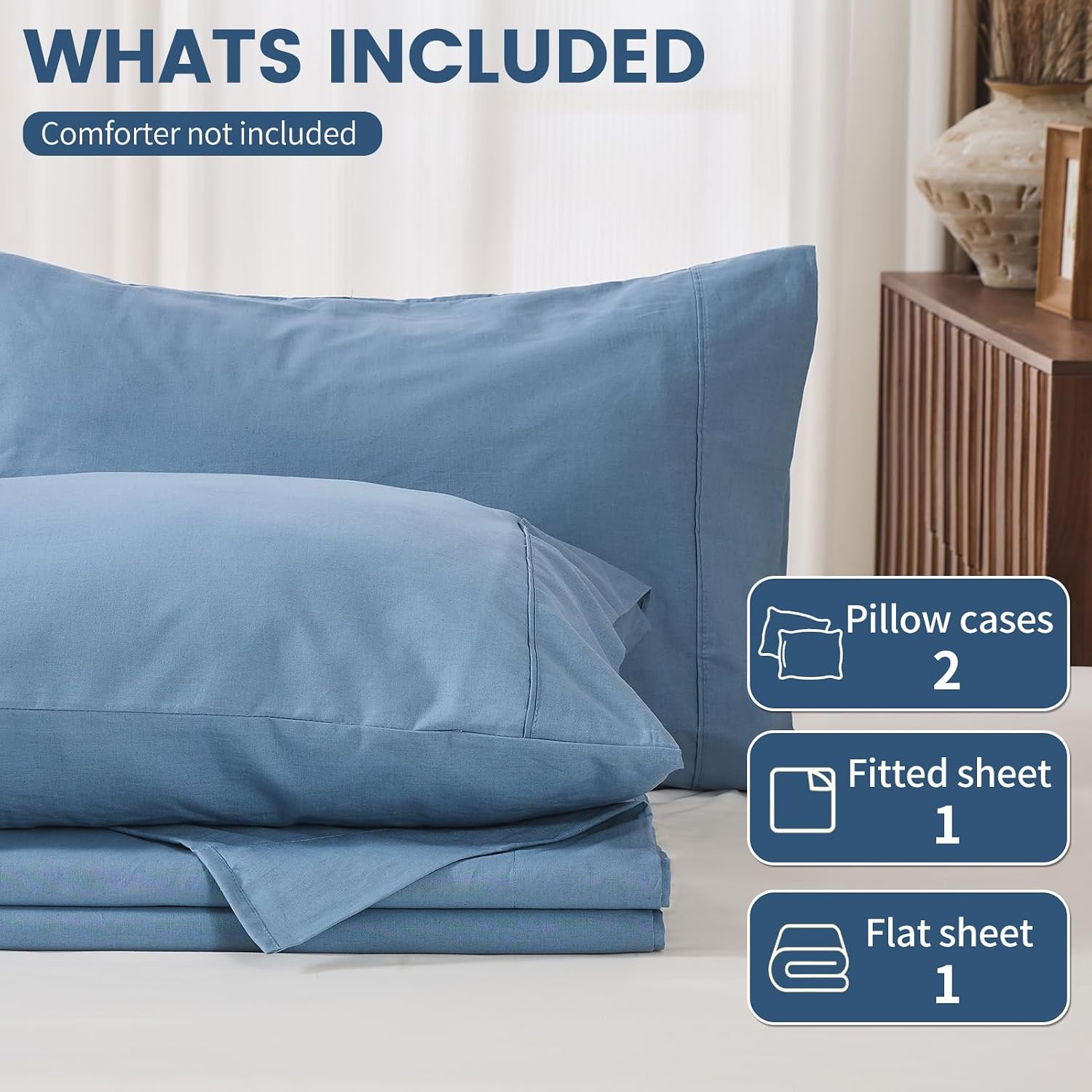 100% Linen Sheets Queen Size,Breathable & Durable 4-Piece Bed Flax Sheet Set,Soft All-Season Bedding for Hot Sleepers 16' Deep Pocket Oeko-TEX Certified,（Queen, Dusty Blue）