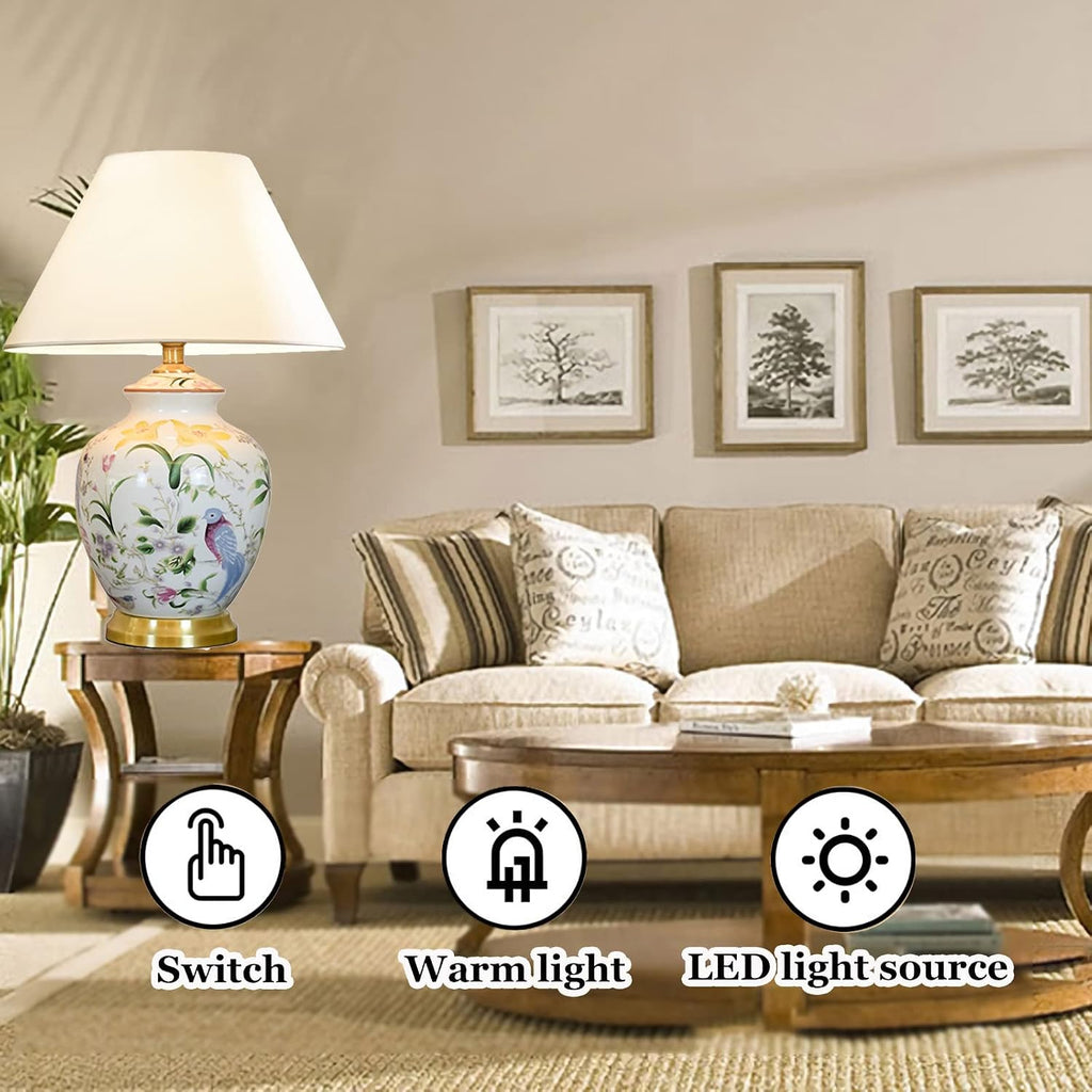 Chinoiserie Ceramic LED Table Lamp, American Flower&Bird Bedside Lamp, Classic White Fabric Lampshade Desk Nightstand Lamp for Bedroom Living Room Office College Bookcase