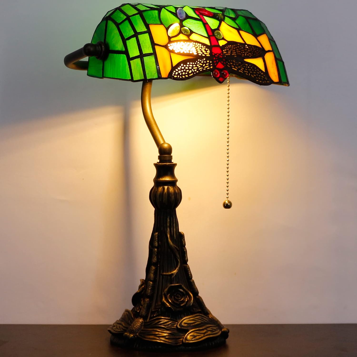 Tiffany Banker Lamp Small Stained Glass Table Lamp Tiffany Style Piano Light Green Dragonfly Style Desk Lamp Angle Adjustable 10.6X15.7 Inch for Home Office Living Room Bedroom