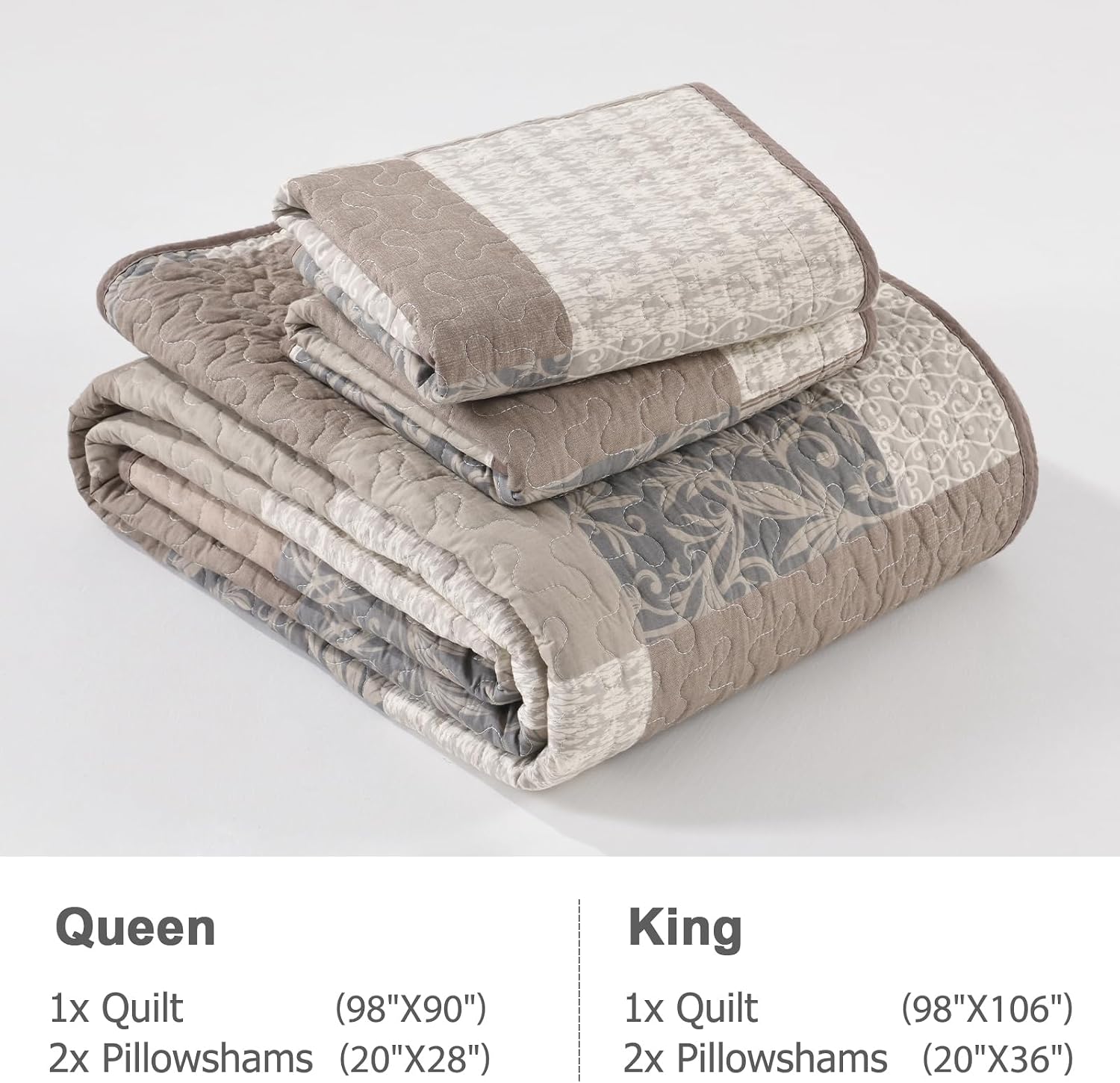 Finlonte 100% Cotton Quilt Set, Plaid Reversible Lightweight Quilted Bedspreads, 3-Piece, Gray/Brown/Beige, Queen Size