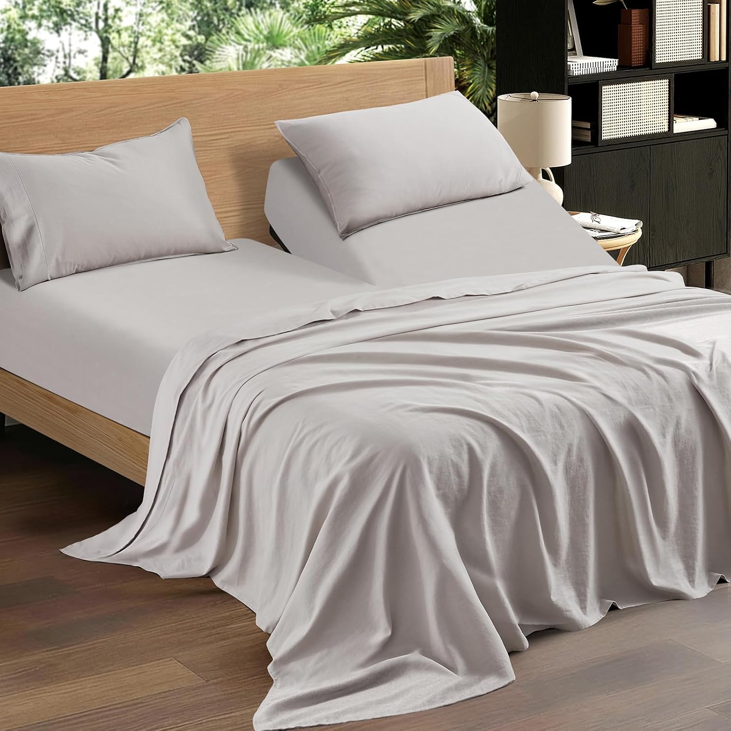4Pcs Linen Sheets Flex Top Split Head King Size, 100% French Linen from Normandy, Natural Linen Split Head King Sheet Set with 16 Inch Deep Pocket, 1 Flat Sheet, 1 Fitted Sheet, 2 Pillowcases