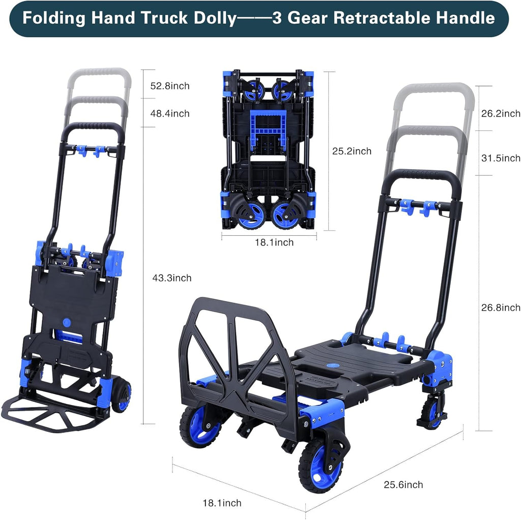 2-in-1 Hand Truck Dolly Foldable,330LB Capacity Hand Dolly,Folding Hand Cart with Retractable Handle,Hand Truck Foldable with 4 Wheels,Portable Handtruck