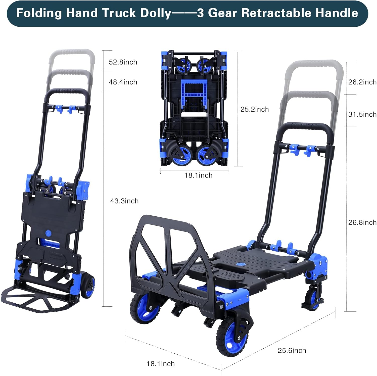 2-in-1 Hand Truck Dolly Foldable,330LB Capacity Hand Dolly,Folding Hand Cart with Retractable Handle,Hand Truck Foldable with 4 Wheels,Portable Handtruck