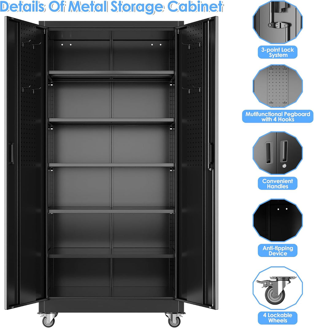 Aobabo Upgraded Garage Storage Cabinets with Wheels,Metal Storage Cabinets with 5 Adjustable Shelves for Garage Home Office Storage, Black,71''H*34''W*18''D,Assembly Required