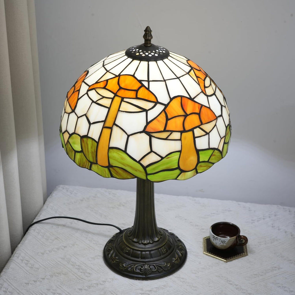 Tiffany Style Table Lamp with Brown Mushrooms Stained Glass Lamp 12 Inch Retro Bronze Base Bedside Lamp Living Rooms, Offices, Stores. Village Life Style Decorative Ambient Light Bedside Lamp