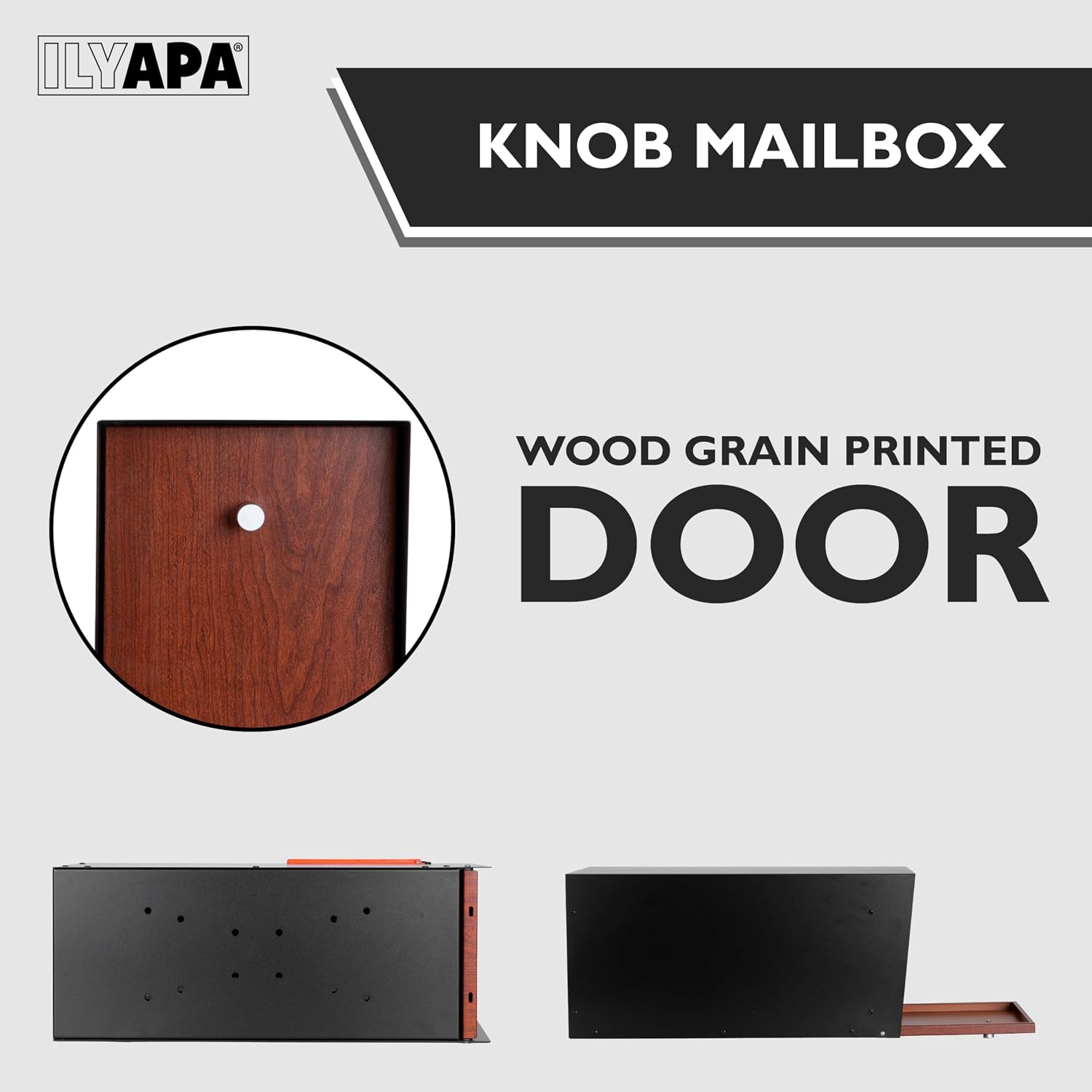 Ilyapa Post Mount Modern Mailbox - Black Exterior Powder Coated & Hydro Print Cherry Wood Grain Printed Door, Letterbox with Recessed Magnetic Close Door