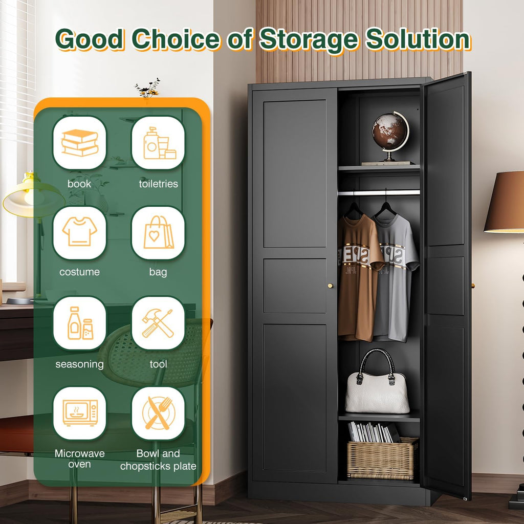 Letaya Wardrobe Armoire Closet,72' H Metal Storage Cabinet with Adjustable Shelves and Hanging Rod,Bedroom Armoire Cabinet Clothes Organizer (Black)