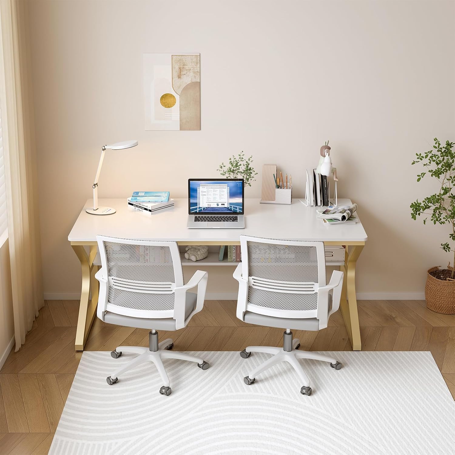 OSCHF Double Long Desk with Bookshelf - 55' Extra Long Writing Table for 2-Person Workstation, Modern Study Work Computer Desk for Home and Office, Gold