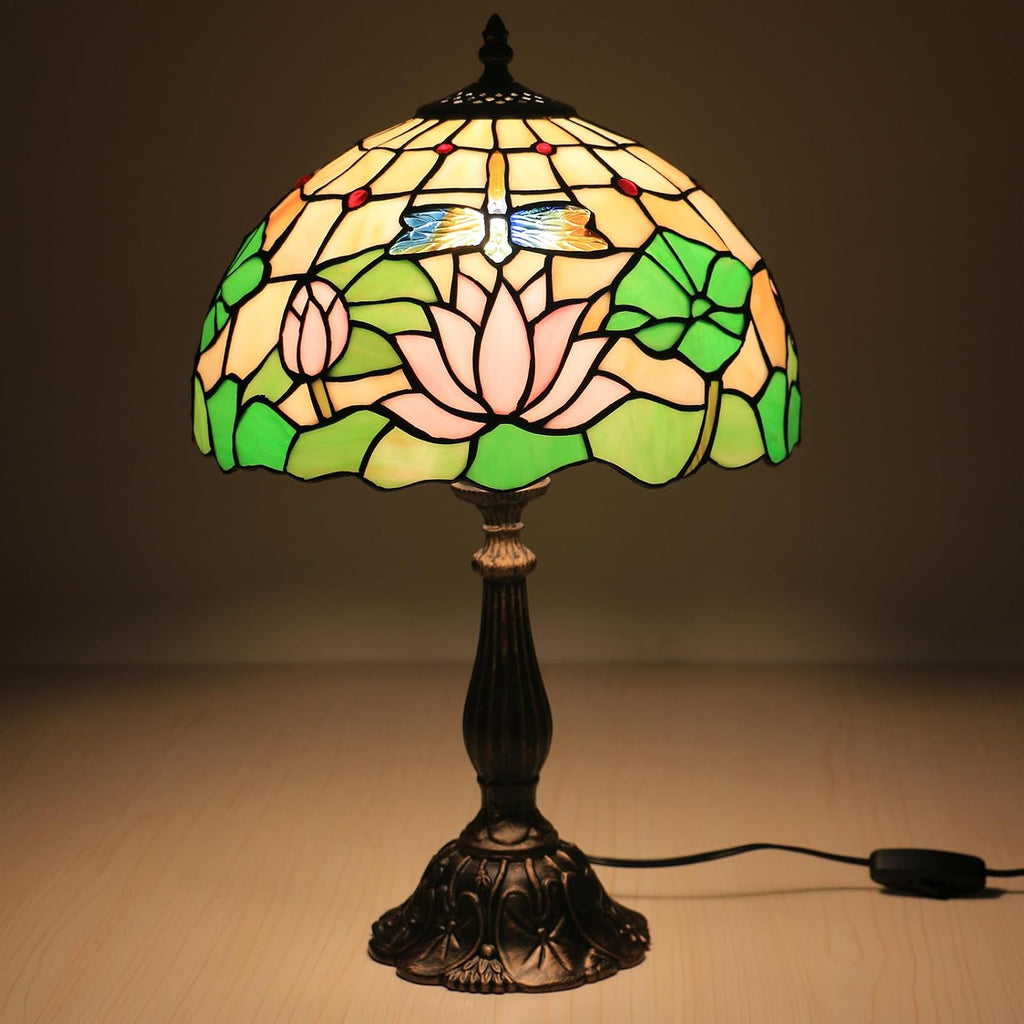 Tiffany Side Table Lamps for Living Room W/LED Bulb Lotus Flower Stained Glass Shade Bedside End Table Lamp 12X12X19Inch Desk Lamps for Home Office Classic Farmhouse Reading Table Lamps
