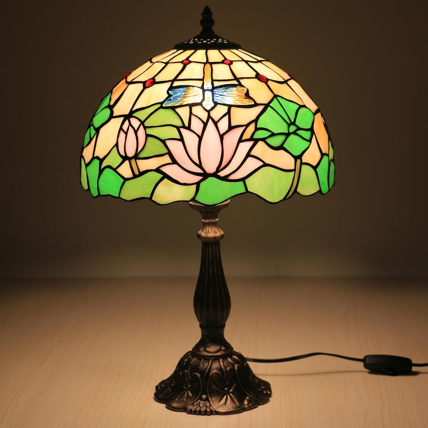 Tiffany Side Table Lamps for Living Room W/LED Bulb Lotus Flower Stained Glass Shade Bedside End Table Lamp 12X12X19Inch Desk Lamps for Home Office Classic Farmhouse Reading Table Lamps