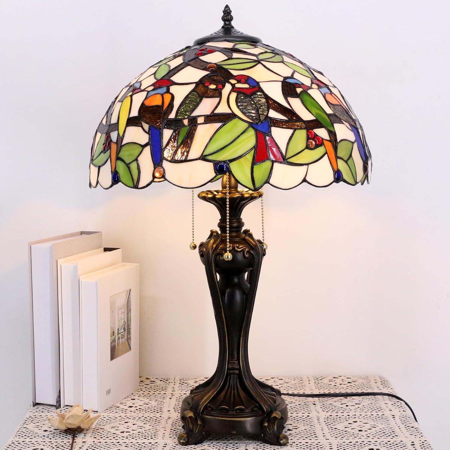 Large Tiffany Lamp Shade Replacement Only 16Inch Stained Glass Lampshade Fit For Table Lamps FLoor Lamp Ceiling Fixture Pendant Hanging Light Home Office Decoration (Double Birds Amber)