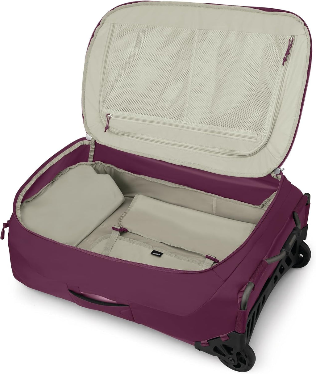 Osprey Ozone 2-Wheel 80L/27 Checked Luggage - Lightweight Rolling Bag with High Clearance Wheels - Travel Suitcase with Mesh Organization, Trolley Handle and Add-a-Bag Strap, Moody Burgundy