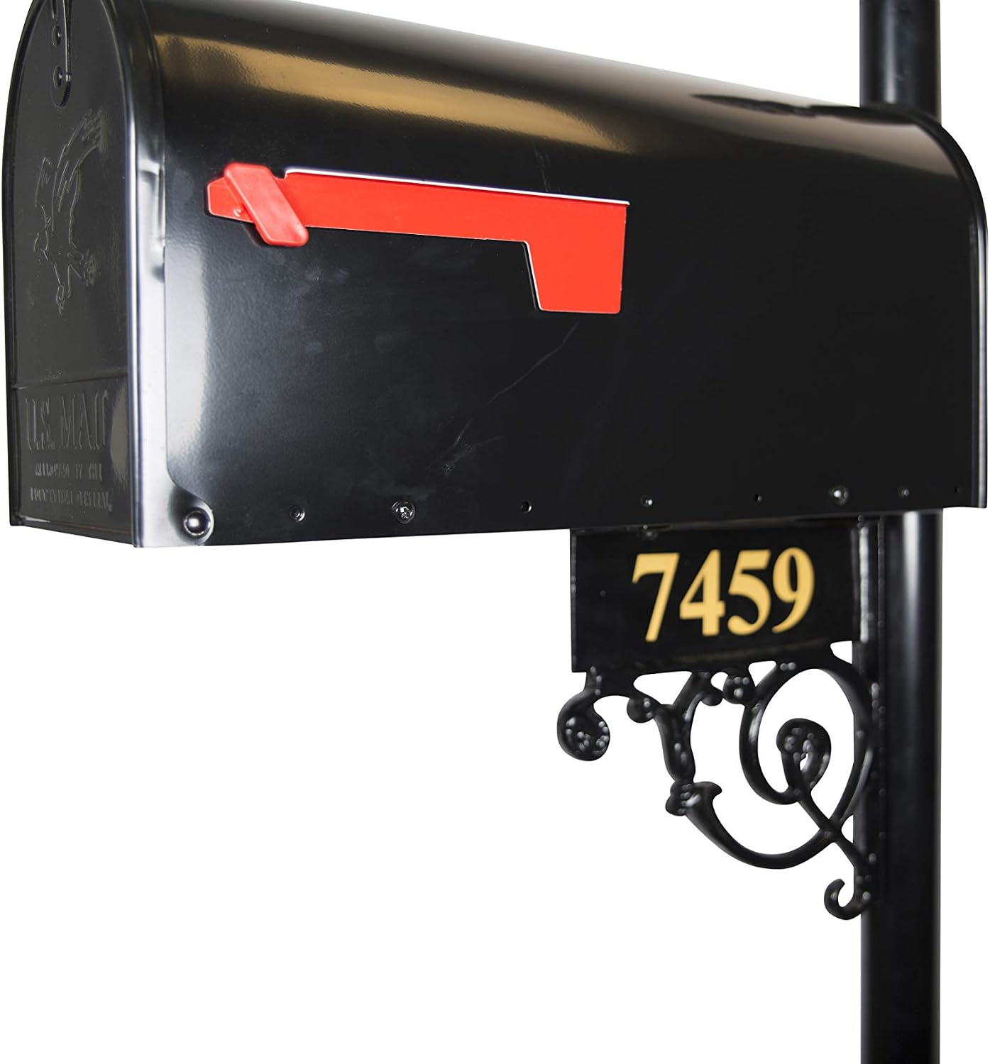 The Essex Standard Black Mailbox with Address Plaque, Flag, and Numbers Included. Complete Luxury Mailbox and Post Combo Kit with Beautiful, Unique, Classic, Traditional, Decorative Features.